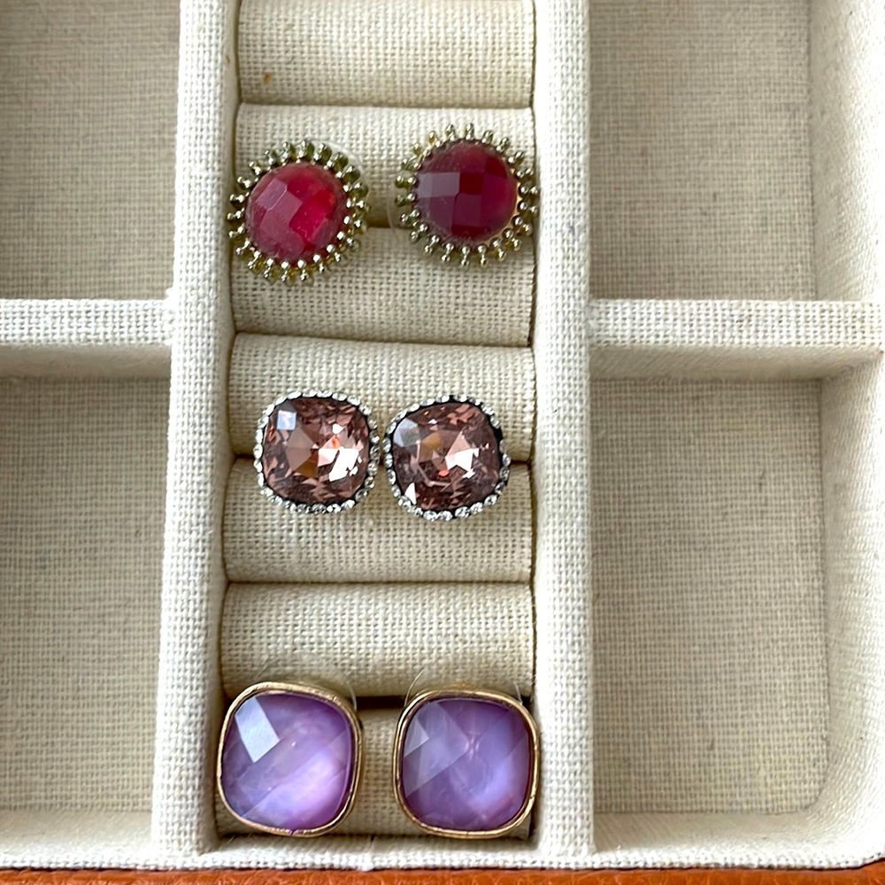3 pair bundle of purple/pink colored stud earrings